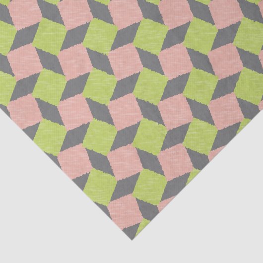 ピンクの緑の抽象芸術の幾何学的なイカットの正方形パターン 薄葉紙 (詳細)