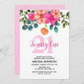 ピンクの緑の春花21歳の誕生日 招待状 (正面/裏面)