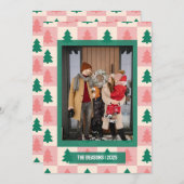 ピンクの緑の木の市松模様に写真のクリスマス シーズンカード (正面/裏面)