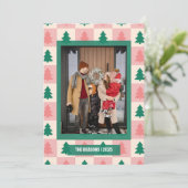 ピンクの緑の木の市松模様に写真のクリスマス シーズンカード (スタンド正面)