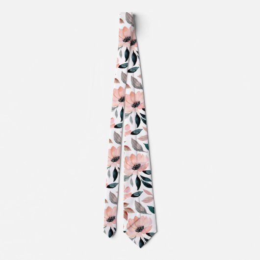 ピンクの緑の水の色のフローラルパターン ネクタイ (裏面)