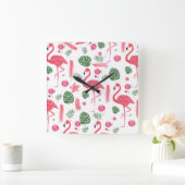 ピンクの緑の水彩画の熱帯フラミンゴの花柄 スクエア壁時計 (ホーム)