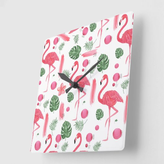 ピンクの緑の水彩画の熱帯フラミンゴの花柄 スクエア壁時計 (傾斜)