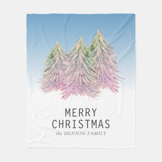 ピンクの緑の水色のクリスマスツリー芸術的 フリースブランケット (正面)