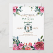 ピンクの緑の水色のヴィンテージ結婚フローラ 招待状 (正面)