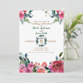 ピンクの緑の水色のヴィンテージ結婚フローラ 招待状 (スタンド正面)
