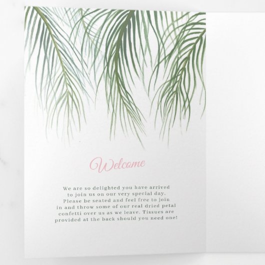 ピンクの緑の熱帯のヤシの水彩結婚芸術 三つ折りプログラム (内部最初)