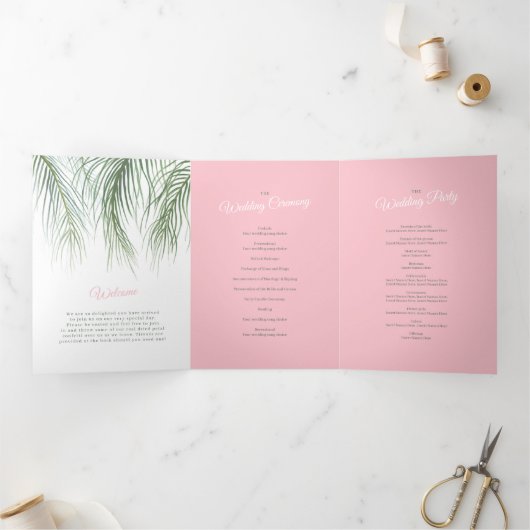 ピンクの緑の熱帯のヤシの水彩結婚芸術 三つ折りプログラム (内部)