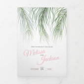 ピンクの緑の熱帯のヤシの水彩結婚芸術 三つ折りプログラム (カバー)