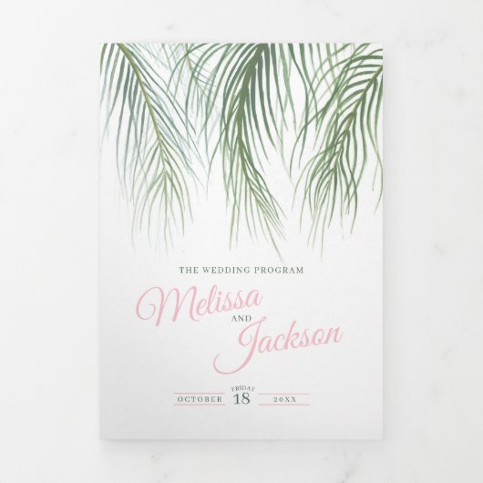 ピンクの緑の熱帯のヤシの水彩結婚芸術 三つ折りプログラム (カバー)
