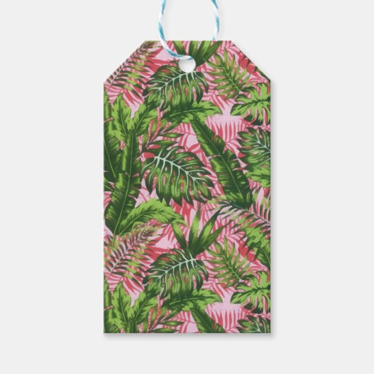 ピンクの緑の熱帯ジャングルの植物 ギフトタグ (正面)