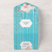 ピンクの緑の熱帯蘭エレガントビーチ木材 オールインワン招待状 (外側)