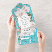 ピンクの緑の熱帯蘭エレガントビーチ木材 オールインワン招待状 (貼ってはがせる)