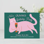 ピンクの緑の猫のおもしろい誕生日 招待状 (スタンド正面)