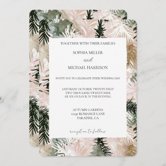 ピンクの緑の白いクリスマスツリー結婚ズ 招待状 (正面/裏面)