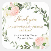 ピンクの緑の白いフローラの水色エレガント スクエアシール (正面)