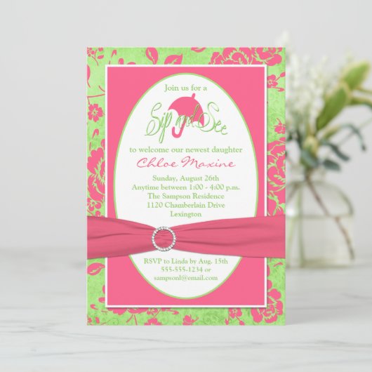 ピンクの緑の白い花の一口は招待状を見、 招待状 (スタンド正面)