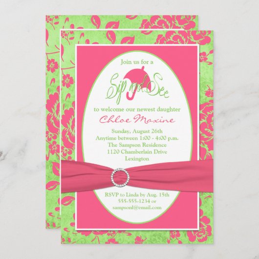 ピンクの緑の白い花の一口は招待状を見、 招待状 (正面/裏面)