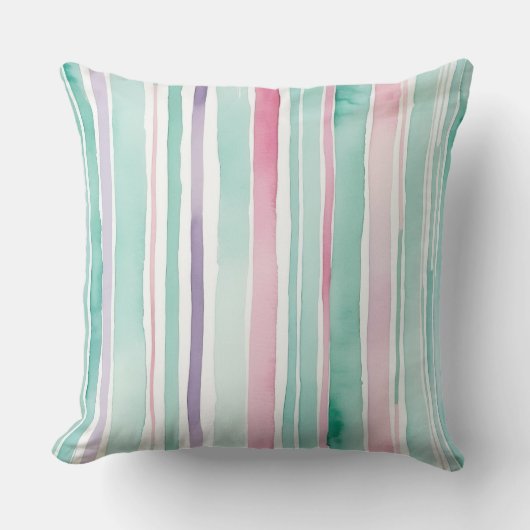 ピンクの緑の紫と白のストライプ クッション (正面)