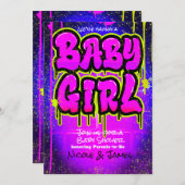 ピンクの緑の紫の滴下絵を描赤んだシャワーの女の子 招待状 (正面/裏面)