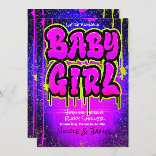 ピンクの緑の紫の滴下絵を描赤んだシャワーの女の子 招待状 (正面/裏面)