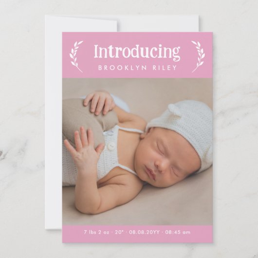 ピンクの緑の紹介新生児ガールフォト 案内状 (正面)