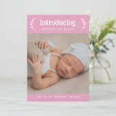 ピンクの緑の紹介新生児ガールフォト 案内状 (スタンド正面)