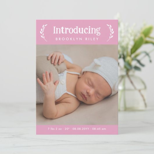 ピンクの緑の紹介新生児ガールフォト 案内状 (スタンド正面)