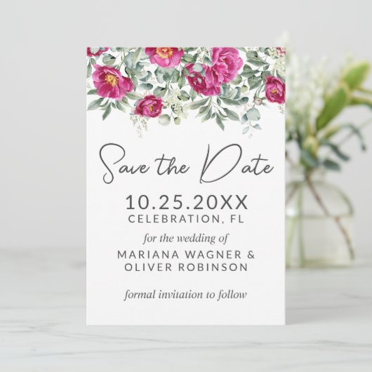 ピンクの緑の花のセージ日付カードを保存 招待状 (スタンド正面)