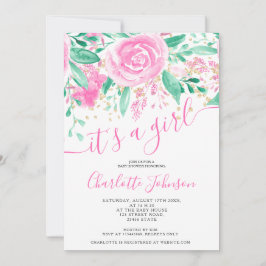 ピンクの緑の花のローズ ウォーターカラー ガール ベイビー シャワー 招待状