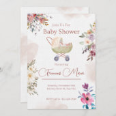 ピンクの緑の花の赤ちゃんシャワー 招待状 (正面/裏面)