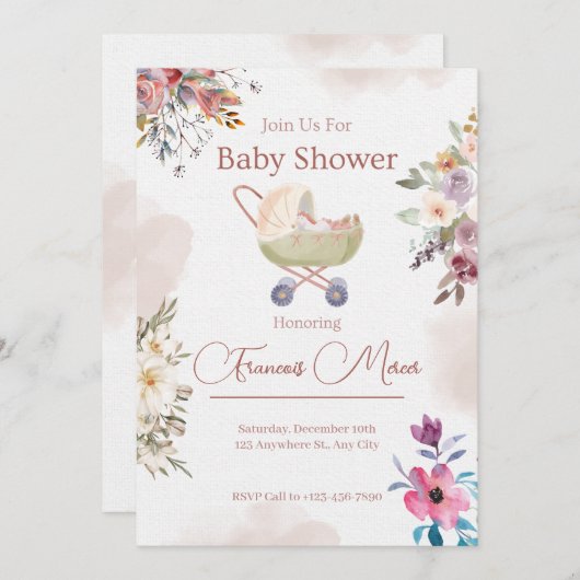 ピンクの緑の花の赤ちゃんシャワー 招待状 (正面/裏面)