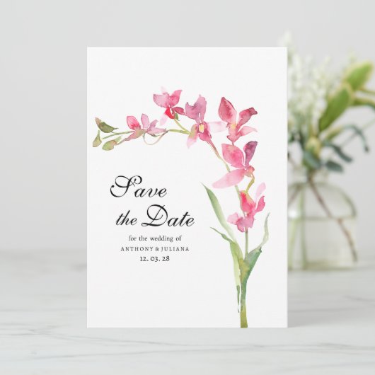ピンクの緑の蘭の花の夏の日付を保存 招待状 (スタンド正面)