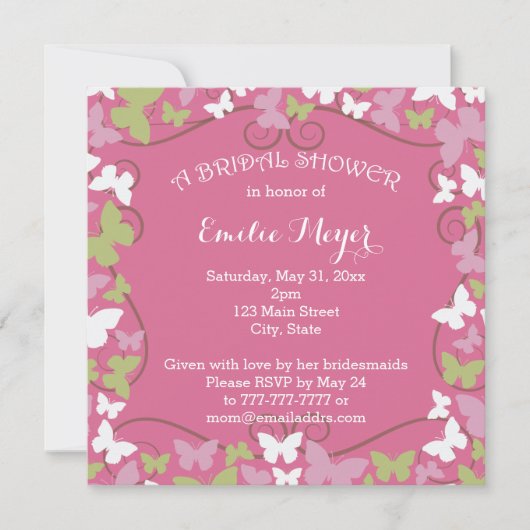 ピンクの緑の蝶の結婚前お披露目招待状 招待状 (正面)