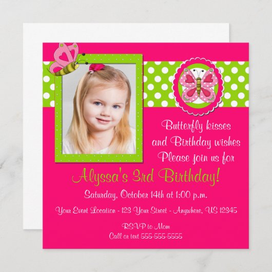 ピンクの緑の蝶誕生日の招待状 招待状 (正面/裏面)