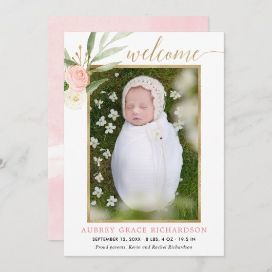 ピンクの緑の金ゴールドエレガントの女の子の誕生の発表 (正面/裏面)