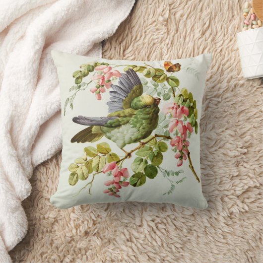 ピンクの緑の鳥のbohoの上品を絵を描くヴィンテージは開花します クッション (ブランケット)