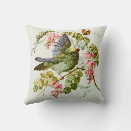 ピンクの緑の鳥のbohoの上品を絵を描くヴィンテージは開花します クッション (裏面)