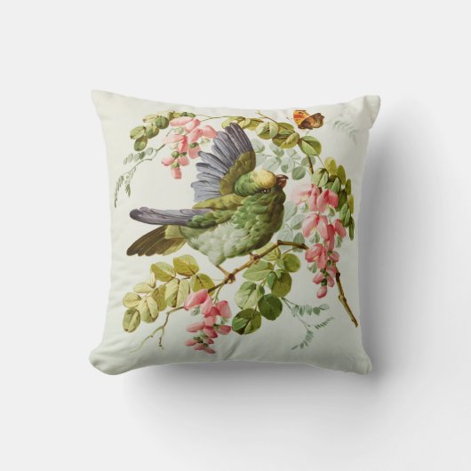 ピンクの緑の鳥のbohoの上品を絵を描くヴィンテージは開花します クッション (正面)