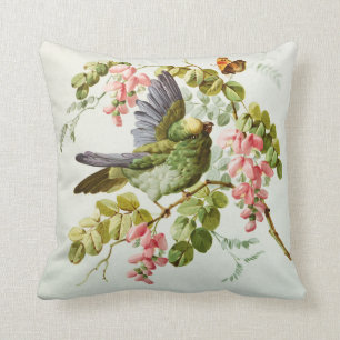 ピンクの緑の鳥のbohoの上品を絵を描くヴィンテージは開花します クッション