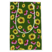 ピンクの緑の黄色のひまわり夏 ミディアムペーパーバッグ (正面)