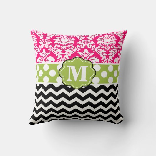 ピンクの緑の黒いダマスク織のシェブロンのモノグラムの枕 クッション (裏面)