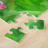 ピンクの緑色花ゆり花の水彩スタイル ジグソーパズル (側面)