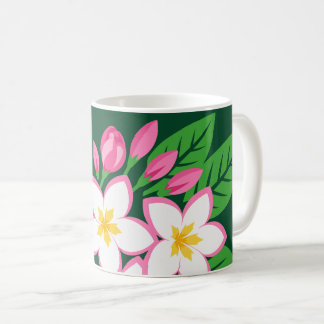 ピンクの縁取りのある白い花と緑の葉 コーヒーマグカップ