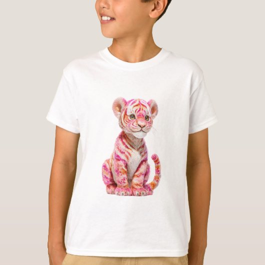 ピンクの縞模様のトラの子イラスト キッズ Tシャツ (正面)