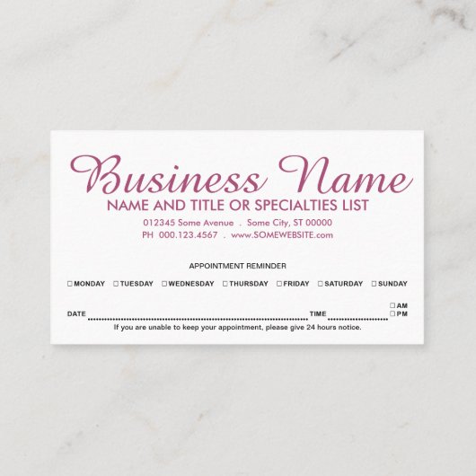 ピンクの羊皮紙のアポイントメントのメモ 予約カード (裏面)