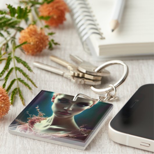 ピンクの美しい女性AI生成アートキーチェーン キーホルダー (正面右)