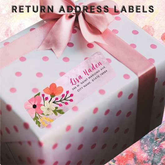 ピンクの美しい花の差出人住所 ラベル