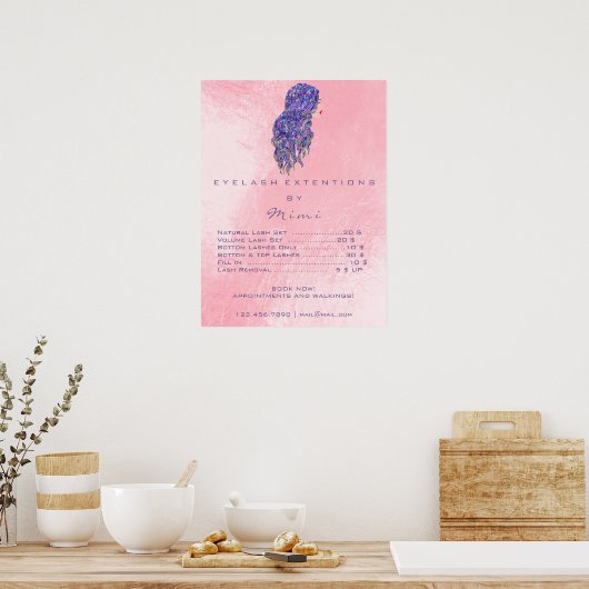 ピンクの美容師メイクアップ目まぶし価格表 ポスター (キッチン)