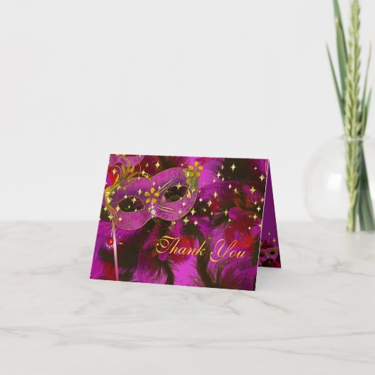 ピンクの羽のマスクの仮面舞踏会のパーティーのサンキューカード サンキューカード (正面)